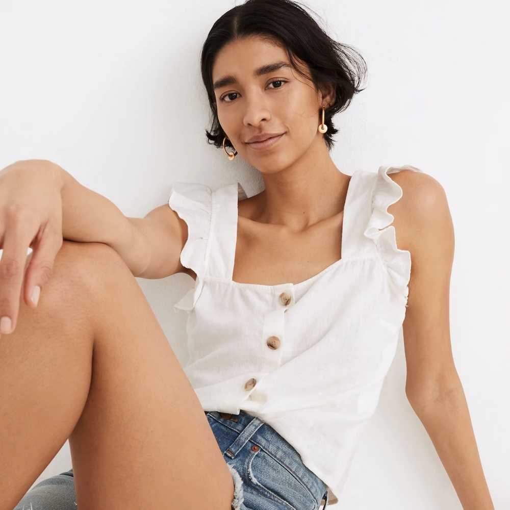 Madewell Linen-Blend Ruffle-Strap Button-Up Tank Top
